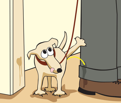 Editable vector cartoon of a small dog urinating on its owner's leg