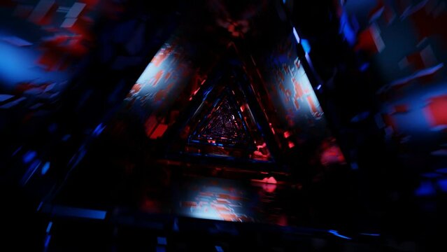Triangular metal tunnel. Camera movement in a triangular tunnel. Camera move in a triangular tunnel. vj loop. Looped animation.