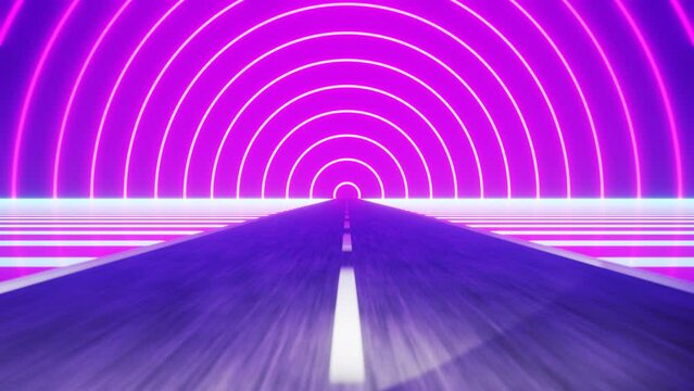 Trendy retro futuristic pink and blue neon lights 3d road among mountains with sun in the background. 3D visualization. Retrowave VJ video game landscape, neon lights and low poly terrain mesh. Seamle