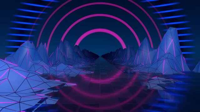 Trendy retro futuristic pink and blue neon lights 3d road among mountains with sun in the background. Retrowave VJ video game landscape, neon lights and low poly terrain mesh. Seamless loop.