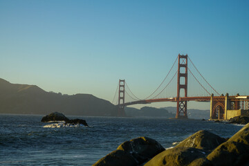 View of the Golden Gate Bridge, suspension bridge in San Francisco, California from Baker Beach