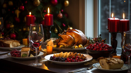 Obraz na płótnie Canvas a Table set for a holiday feast with a golden turkey