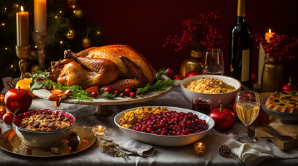 a Table set for a holiday feast with a golden turkey - obrazy, fototapety, plakaty