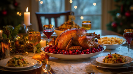 Fototapeta na wymiar a Table set for a holiday feast with a golden turkey