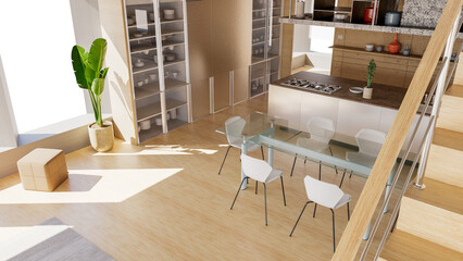 Internal view of an open space with big windows, large size, modern and contemporary style. kitchen interior furniture. Luxury houses. Living room. Architecture and projects. 3d rendering