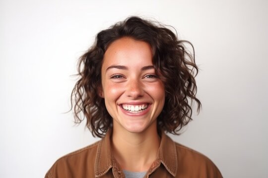 Medium shot portrait photography of a pleased woman in her 30s that is placed against a white background . Generative AI