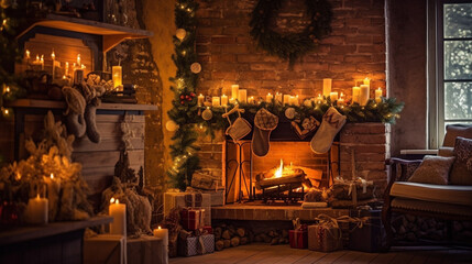 Fototapeta na wymiar Beautifully decorated fireplace with stockings hung 