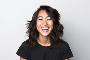 Group portrait photography of a grinning woman in her 30s that is placed against a white background . Generative AI