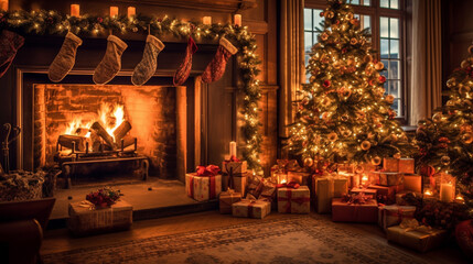 Fototapeta na wymiar Beautifully decorated fireplace with stockings hung 
