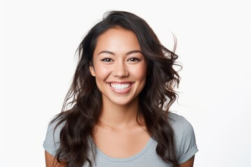 Portrait of a smiling asian woman with long hair over white background