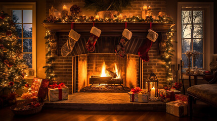 Beautifully decorated fireplace with stockings hung 