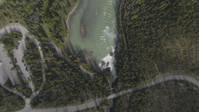 Top down aerial of scenic parking area along Athabasca River in Jasper