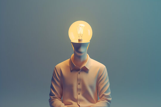 Knowledge concept. Human body with a light bulb head. AI generated image