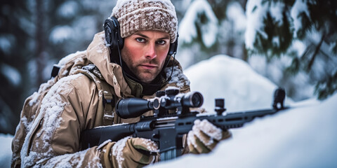 Fototapeta premium Army soldier sniper aims through the telescopic sight. Army sniper with large-caliber sniper rifle seeking killing enemy. digital ai