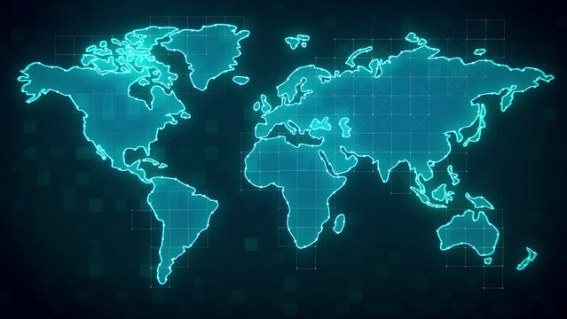 World map with digital holographic design, Global communication concept, Animated seamless looping background, Business background, Artificial Intelligence, 4k Resolution.
