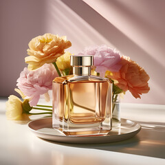 Bottle of perfume with flowers on pink background