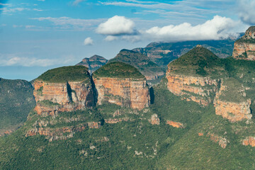 Landscape shot of the three rondavels rock formation view point in the Blyde river canyon, South Africa. 