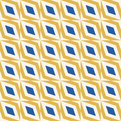 Retro pattern. Vector geometric seamless texture. 1960s - 1970s style. Simple ornament with rhombuses, squares, repeat tiles. Trendy abstract vintage geo background. Yellow, blue and beige color