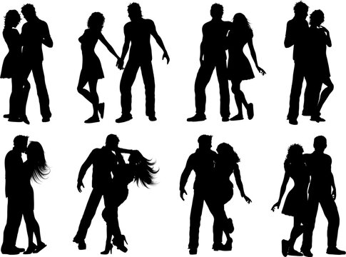 Silhouettes of lots of couples in various poses