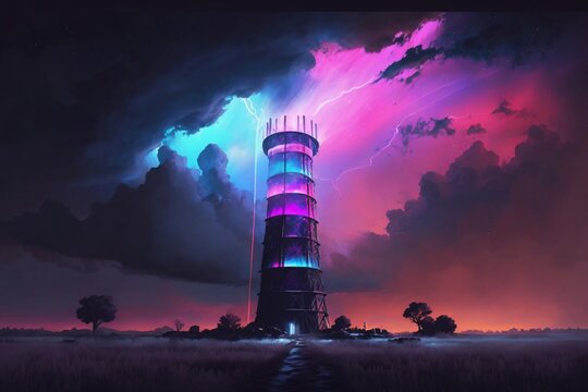 in a field stands a brightly colored tower created with Generative AI technology