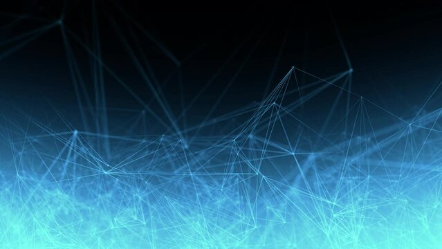 Blue turquoise gradient wallpaper vj loop background. Fantasy abstract technology, engineering and science backdrop with particles and plexus connected lines. Wireframe 3D animation and copy space