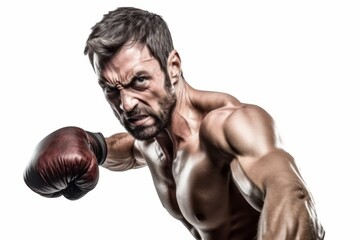 Fototapeta na wymiar Fierce and powerful man. Muscular man isolated on white background. Concept no limits and motivation. Generative Ai