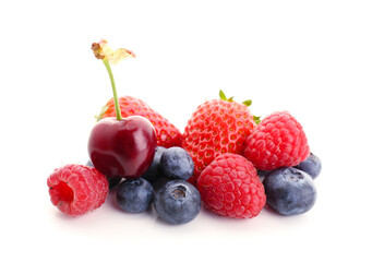 Different fresh ripe berries on white background