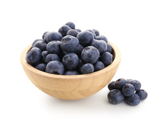 Bowl with ripe fresh blueberry on white background