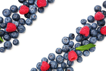 Ripe raspberry and blueberry on white background