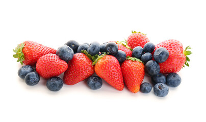 Ripe strawberry and blueberry on white background