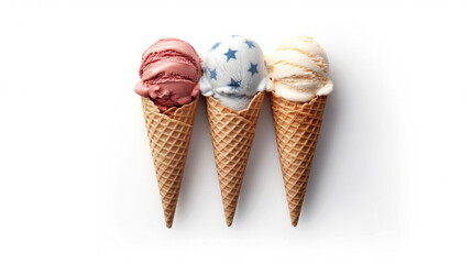 three ice cream cones with the colors of the american flag on a white background. ice cream day in America. Generative AI