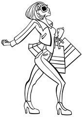 Cartoon of a fashionable woman walking with attitude holding shopping bags.