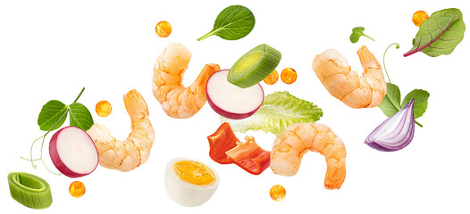 Falling shrimp salad ingredients isolated on white background
