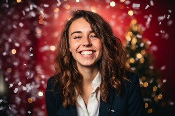 Portrait of a smiling young woman in a suit on the background of a Christmas tree