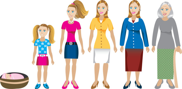 Female age progression, available for males and in different skin tones. Six different ages. Vector Illustration.