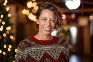 Portrait of smiling woman in sweater standing in front of christmas tree