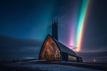a church building in a snowy landscape created with Generative AI technology