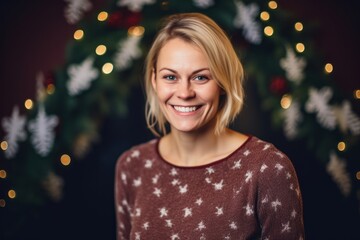 Portrait of a smiling young woman with a Christmas tree in the background