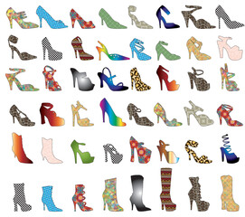 Vector of 48 patterned shoes. Shoe Silhouettes 3.
