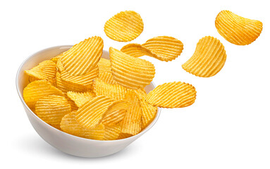 Ridged potato chips in bowl isolated on white background - Powered by Adobe