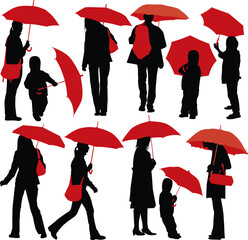 Set of vector silhouettes of people with red umbrella