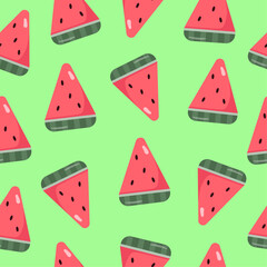 Sweet watermelon vector seamless pattern. Cartoon watermelon slices on green background. Vector illustration in flat design for package and print. Cute summer pattern for kids