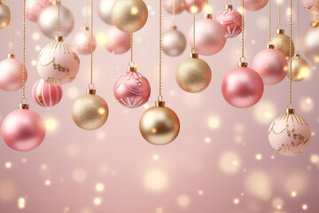 Fototapeta na wymiar Christmas background with hanging balls on pink background Generative AI