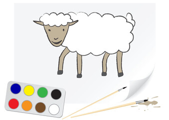 The sheep is drawn on a paper by a brush