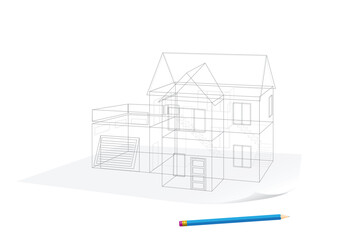 Abstract transparent house sketch drawing with pen on white background