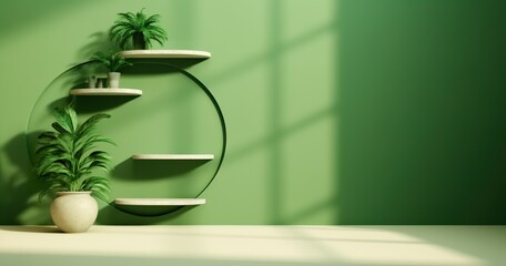 Green background for perfume, jewellery and cosmetic products. Front view. Product display with shadows and natural sun light. Ai generative.