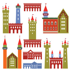 Set of vector old architecture of objects for your design, scenes with castles and palace. Full scalable vector graphic for easy editing and color change, included Eps v8 and 300 dpi JPG