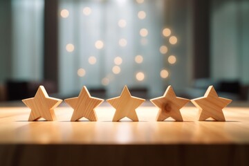 Front view of 5 star shape line up on table isolated on bokeh and gold glitter background. The best excellent business services rating customer experience concept.