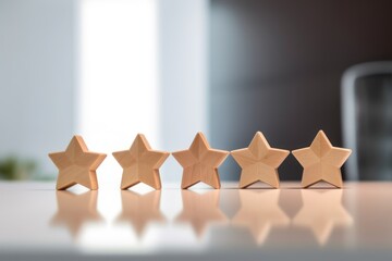 Front view of 5 star shape line up on table isolated on bokeh and gold glitter background. The best excellent business services rating customer experience concept.