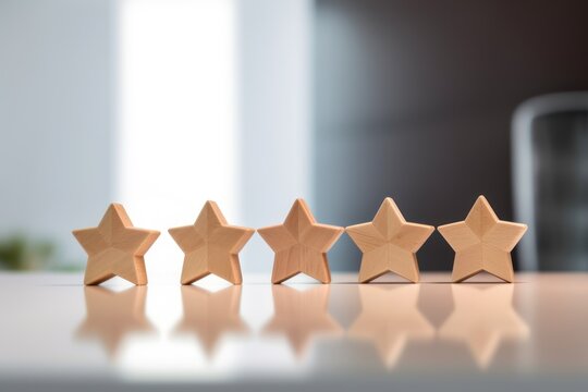 Front View Of 5 Star Shape Line Up On Table Isolated On Bokeh And Gold Glitter Background. The Best Excellent Business Services Rating Customer Experience Concept.